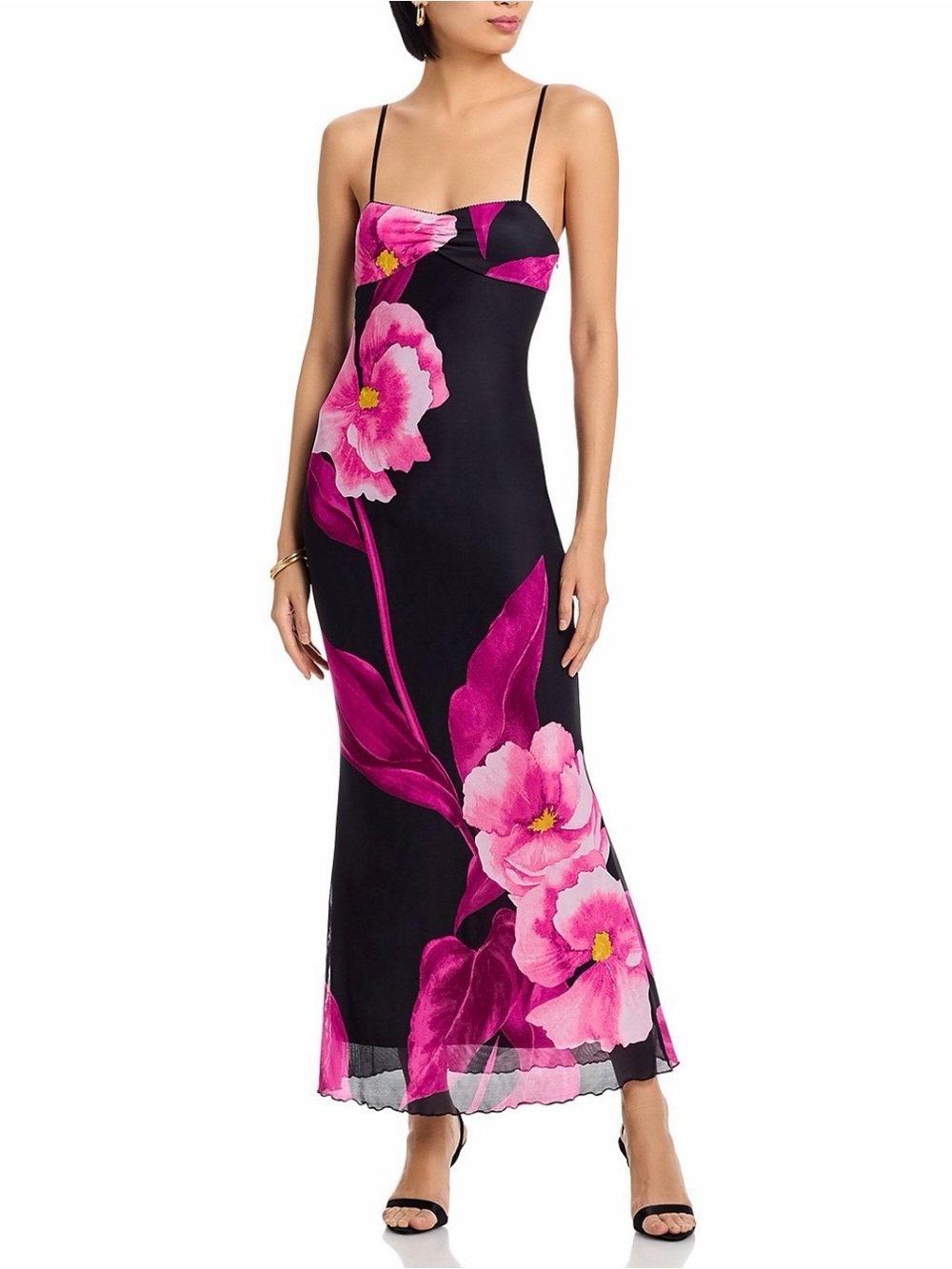 Bloomingdale’s Aqua Black Maxi Slip Dress with Fuchsia Floral Print